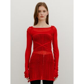 SHEER STRAP POINT BOLERO KNIT TOP - RED