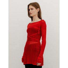 SHEER STRAP POINT BOLERO KNIT TOP - RED