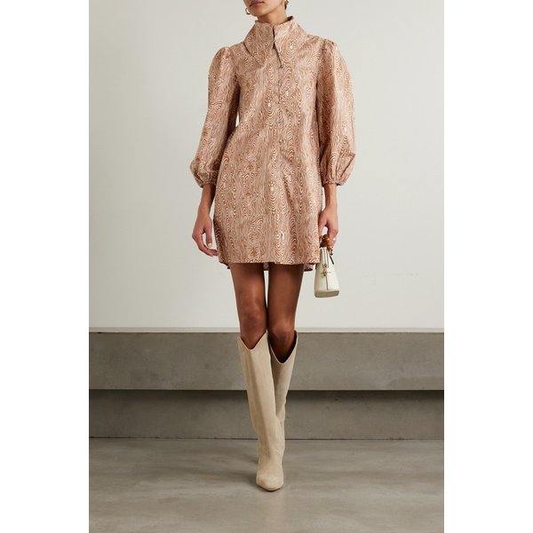 바체바 로빈 장식 프린트 코튼 포플린 미니 드레스 브라운 1647597313847667