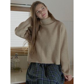 Turtleneck Crop Knit Pullover - BEIGE