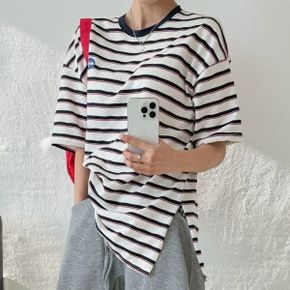 멜티드단가라배색 라운드박스트임 반팔롱티셔츠 데일리 스트라이프 오버핏 빅사.._P418001124