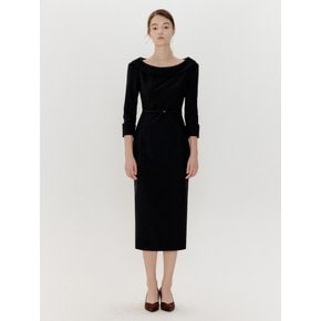 BOAT NECK BELTED H LINE DRESS_BLACK