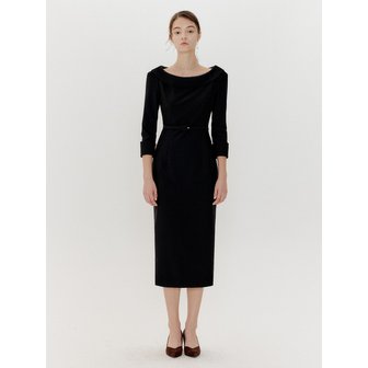 오앨 BOAT NECK BELTED H LINE DRESS_BLACK