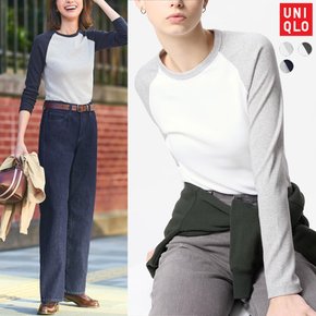 여성 소프트 골지 긴팔 티셔츠 래글런 세미 슬림핏 그레이 네이비