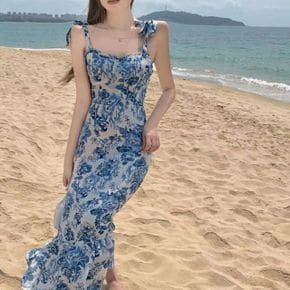 여성 여름 휴양지 바닷가 패션 민소매 슬림 원피스 (WAA2F7C)