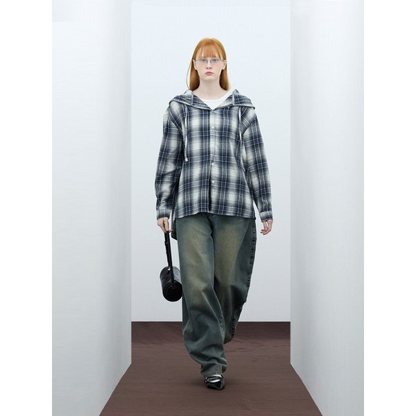 85-VIVA101 미스티 플레이드 후드 오버핏 긴팔 체크 셔츠 네이비