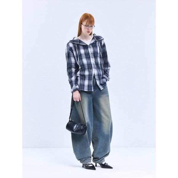 85-VIVA101 미스티 플레이드 후드 오버핏 긴팔 체크 셔츠 네이비