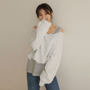 레린 줄지 배색 오프숄더 티_P420535431