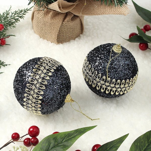 다크블루 글리터 장식볼 2p세트(10cm) (더블골드라인)