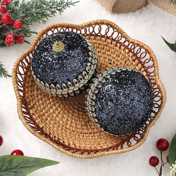 다크블루 글리터 장식볼 2p세트(10cm) (더블골드라인)