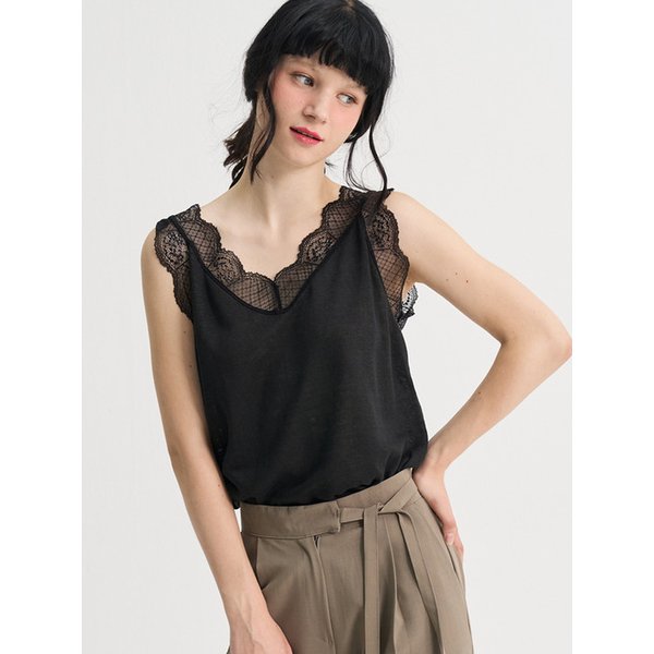 Lace Pure Linen Sleeveless T-shirt_Black