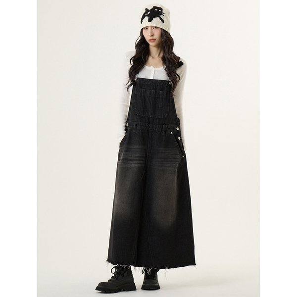 오버롤 데님 롱스커트 샌드 블랙_Overall Denim Long Skirt Sand Black
