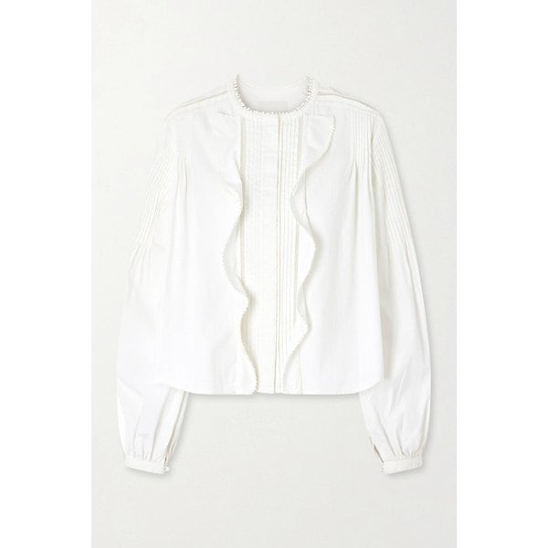 레이스 트림 러플 핀턱 코튼 포플린 블라우스 46376663162989488