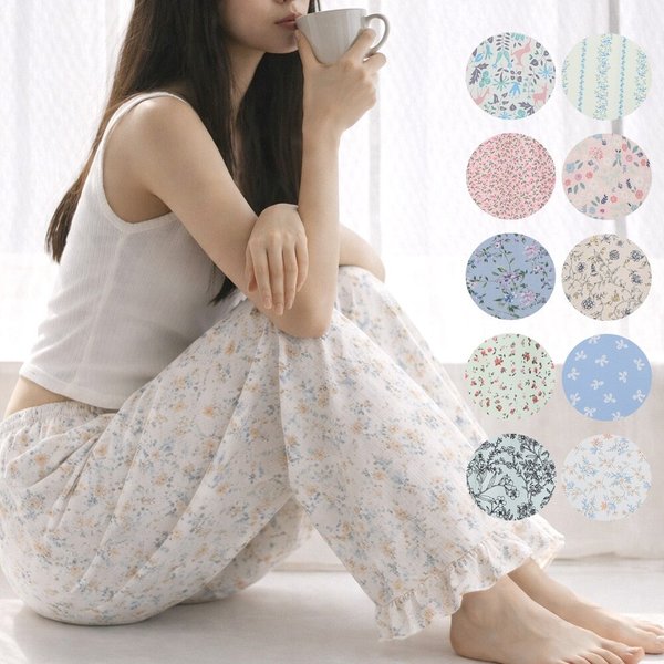 여성 통기성 좋은 9부 꽃무늬 프릴 잠옷 홈웨어 파자마 팬츠