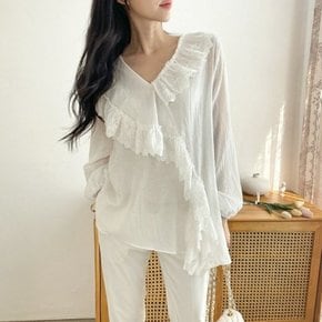 퍼프 셔링 레이스 사선 언발 블라우스