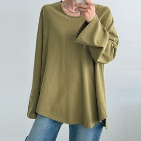 밑단 언발 라운드넥 긴팔 티셔츠 무지 루즈핏 기본 박스티_P435207472