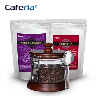 코맥 Caferia 나무/아크릴 밀폐용기 500ml+콜롬비아 수프리모 200g+케냐 AA 200g(CA1-C7-C4) [보관용기/볶은원두/커피콩/드립커비/커피용품]