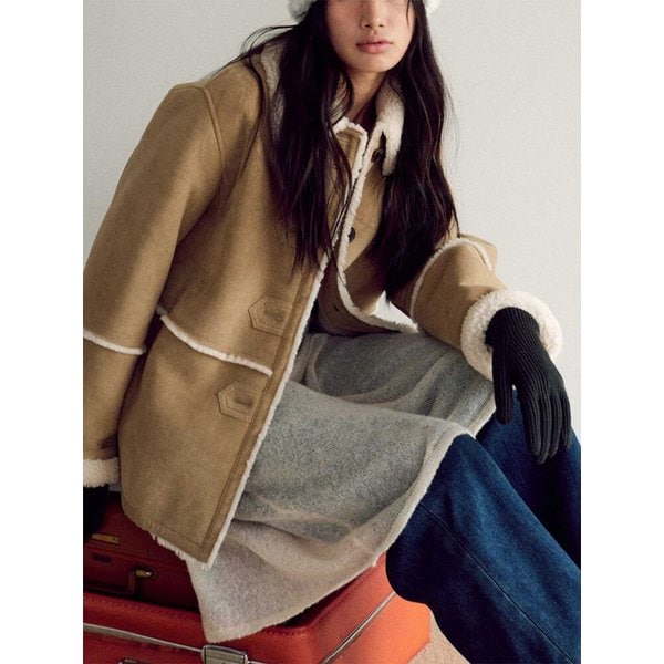 Signature Shearling Faux Suede Midi Jacket  Beige (KE5X3VM03A)