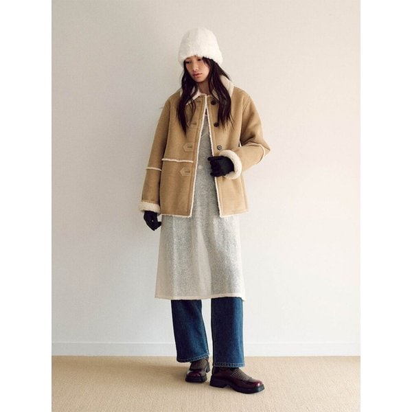 Signature Shearling Faux Suede Midi Jacket  Beige (KE5X3VM03A)