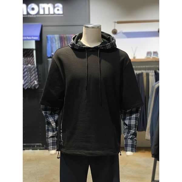 [시흥점] S/S 체크 레이어드 오버핏 블랙 후드 (RPIMTT03A)