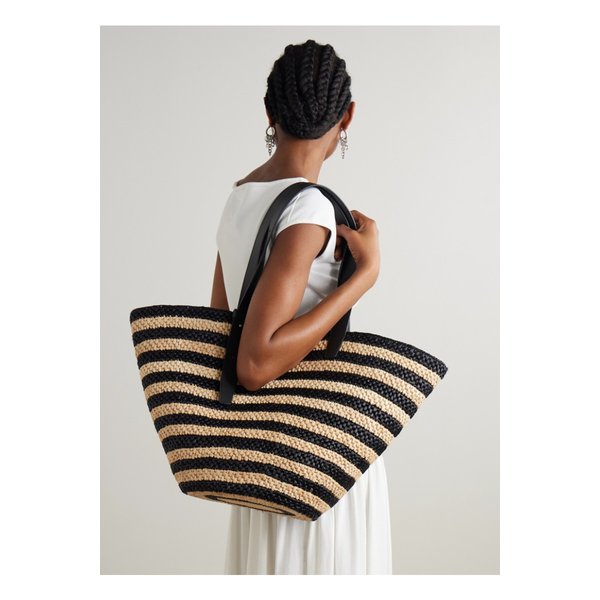 리에 스튜디오 더 비앙카 라지 가죽 트리밍 스트라이프 라피아 토트 베이지 46376663162892400