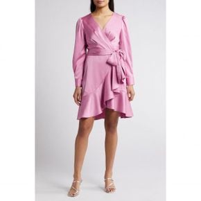 4243476 Tahari ASL Wrap Front Long Sleeve Satin Charmeuse Dress