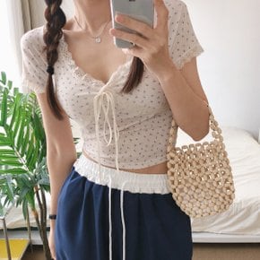 팔레르모 캡내장 브이넥 레이스 크롭 반팔 티셔츠