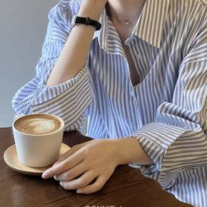 보니제이 / 스트라이프 빅사이즈 카라넥 롱 셔츠 남방 오버핏 직