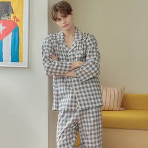 G클럽체크 남성 약기모 순면 긴팔 잠옷 파자마 세트