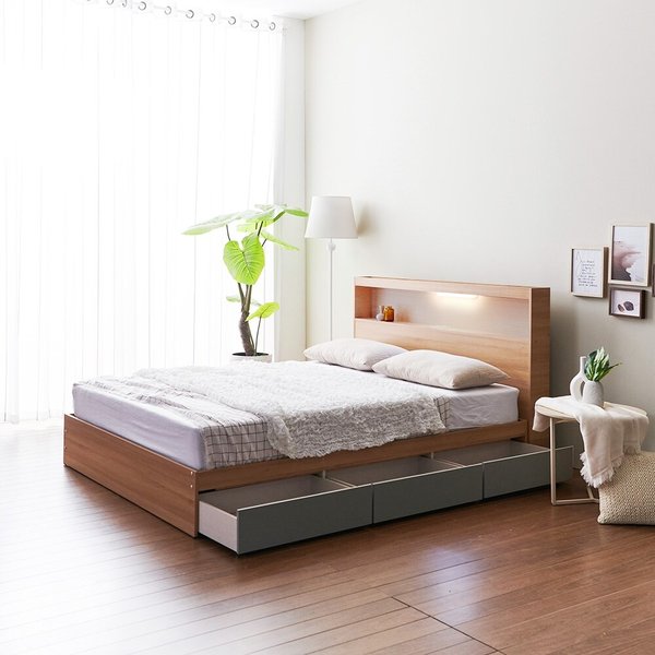 [착불] 우아미가구 모노 밀크 A타입 LED 3서랍 퀸 침대+본넬매트 FO5142