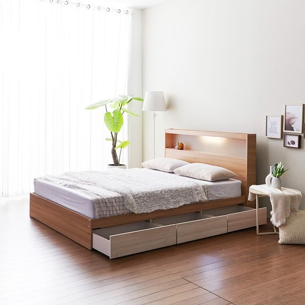 [착불] 우아미가구 모노 밀크 A타입 LED 3서랍 퀸 침대+본넬매트 FO5142
