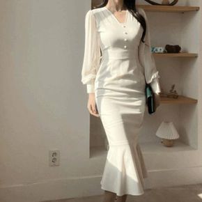 아마란스 브이넥 셔링 시스루 레이스 쫀쫀 몸매보정 스판 머메이드 프릴 롱 셀.._P333823560