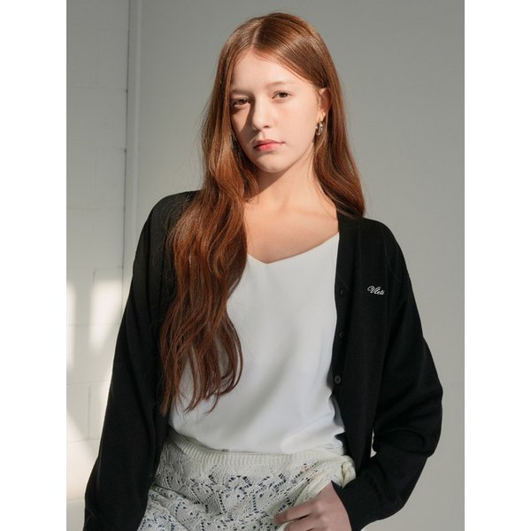 Logo Embroidered V-Neck Button Cardigan (black)