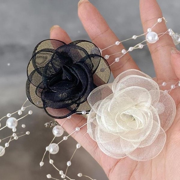 [옷자락] 여성 결혼식 액세서리 진주 끈 레이어드 장미 목걸이