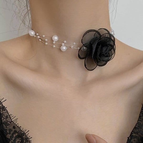 [옷자락] 여성 결혼식 액세서리 진주 끈 레이어드 장미 목걸이