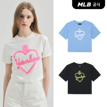 MLB [코리아공식] 여성 하트 미듐로고 슬림 크롭 반팔 티셔츠 (3 COLOR)