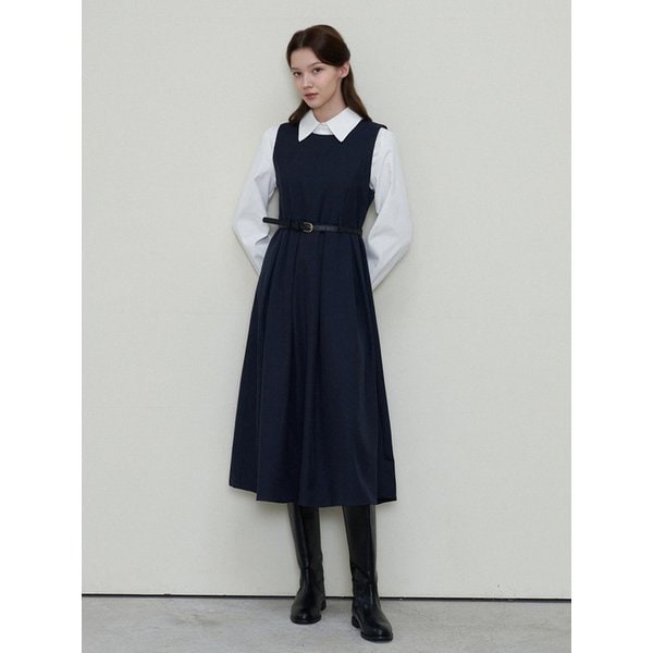 COLLAR BLOUSE + BELTED DRESS SET_NAVY