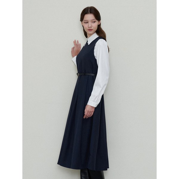COLLAR BLOUSE + BELTED DRESS SET_NAVY