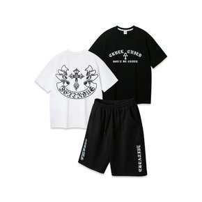 [3PACK] 앨빈클로 크로스 오버핏 반팔티 CREA 와이드 밴딩 반바지 3종 패키지