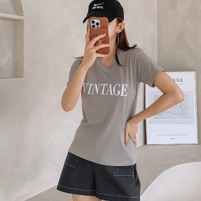 여자 반소매 필기체 V넥 콘트라스트 베이직핏 편한 티셔츠