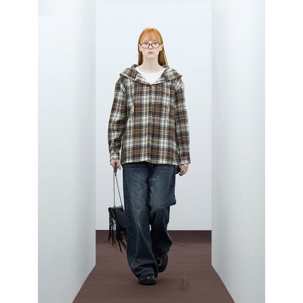 85-VIVA105 긱 빈티지 후드 오버핏 긴팔 체크 셔츠 브라운