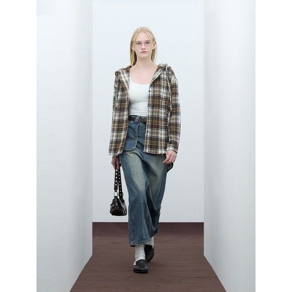 85-VIVA105 긱 빈티지 후드 오버핏 긴팔 체크 셔츠 브라운