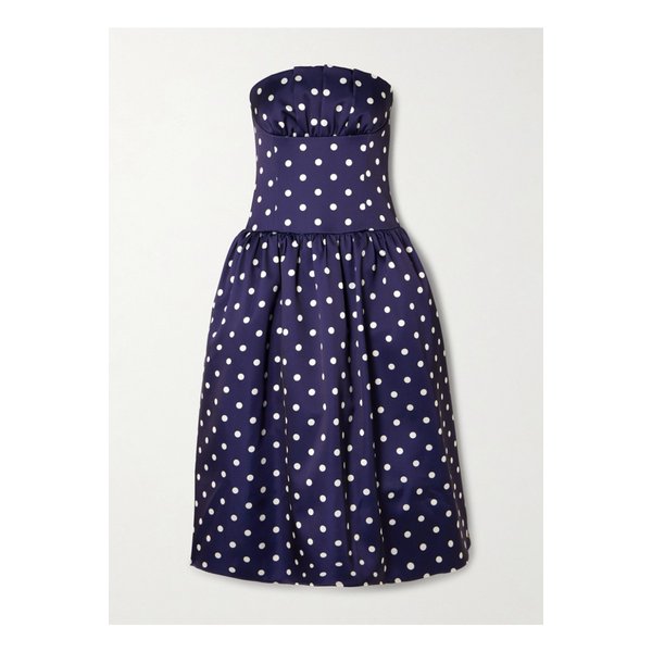 스트랩리스 플리츠 폴카 도트 새틴 미디 드레스 네이비 1647597358034169