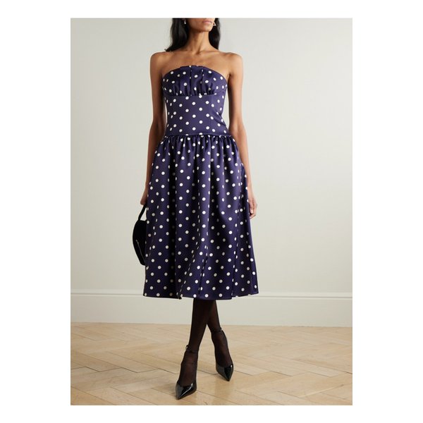 스트랩리스 플리츠 폴카 도트 새틴 미디 드레스 네이비 1647597358034169