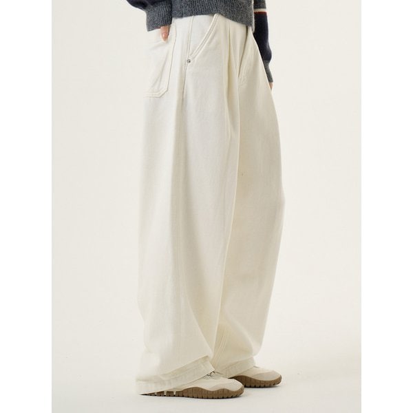 원턱 와이드 기모 면팬츠 화이트_One Tuck Wide Fleece Cotton Pants White