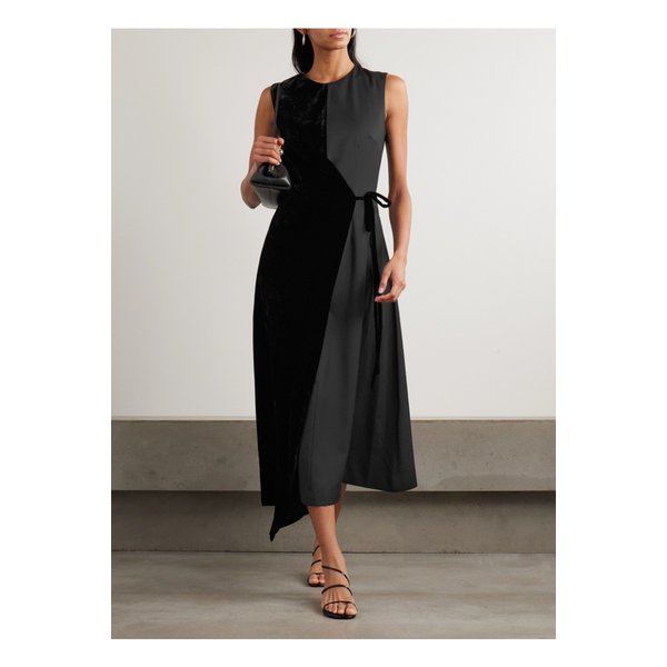 아바디아 비대칭 벨벳 울 혼방 트윌 랩 미디 드레스 블랙 46376663162909572