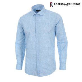 린넨 체크 슬림핏 블루 긴소매 셔츠 RM5-851-2