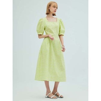 오프닝선샤인 Square-neck puff sleeve flare dress_Lime