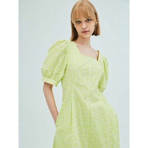 Square-neck puff sleeve flare dress_Lime