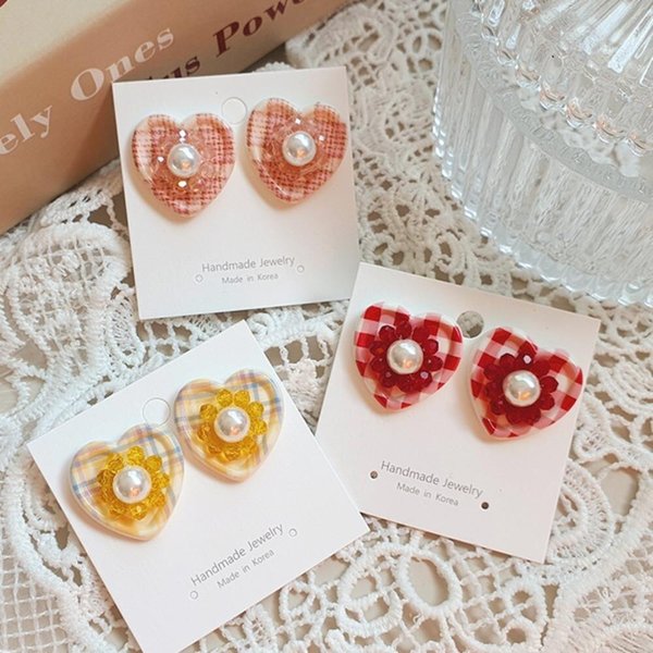 [옷자락] 여자 컬러 진주 러블리 하트 이어링 귀걸이